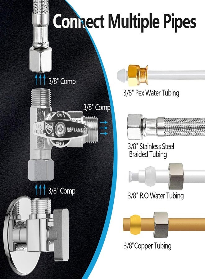 WiseWater 3/8 Female Comp x 3/8 OD x 3/8 OD Tee Stop Valves 1/4 Turn Chrome Plated Brass Water Shut Off Valve 3-Way Compression Fit for Refrigerator, Ice Maker, Coffee Brewers, Water Filters (2 Pack) - Image 2