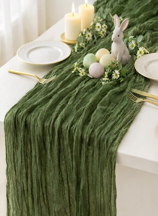 Sioloc Moss Green Cheesecloth Table Runner 120'' x 35'',Spring Easter Decor Soft Gauze Boho Wedding Table Decor for 10ft Table Birthday Party,Baby Shower, Bridal Shower, Home & Event Decor - Image 1