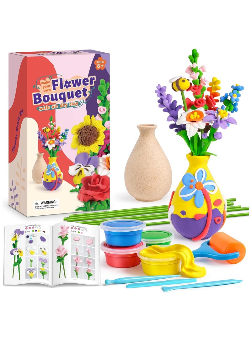 NNEWVANTE طقم حرفة الزهور للأطفال، اصنع باقة زهورك الخاصة باستخدام الطين الجاف، رتب زهور الطين وابتكر فنًا شخصيًا، هدايا رائعة للفتيات - Image 1