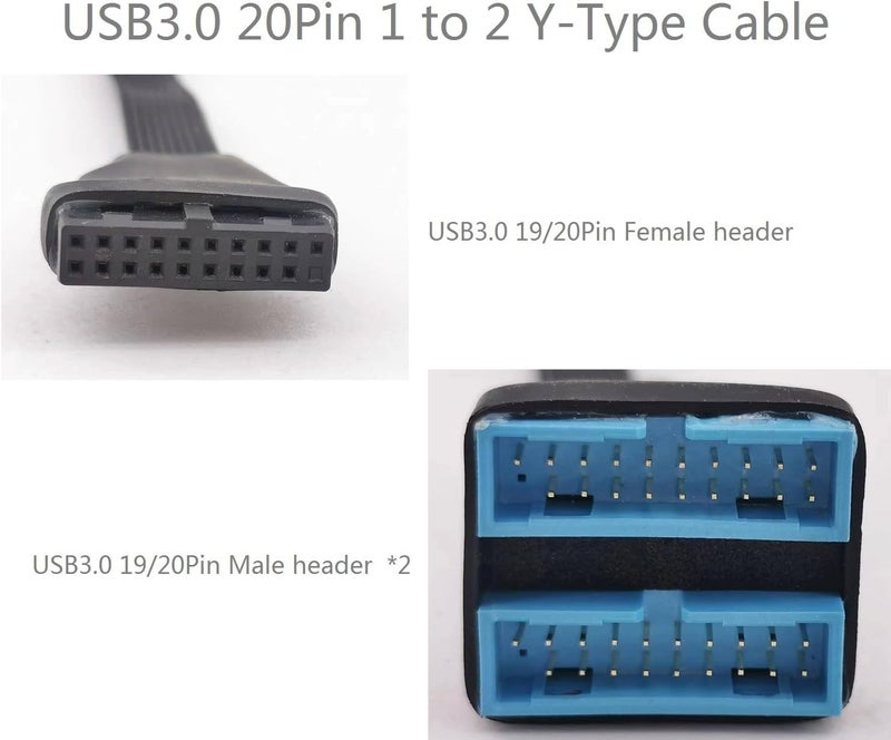 كابل تمديد مقسم رأس USB 3.0، مقسم داخلي للوحة الأم USB 3.0، كابل من نوع Y من 19/20 دبوس إلى 2 - منتجات DIY بطول 5.8 بوصة - Image 2