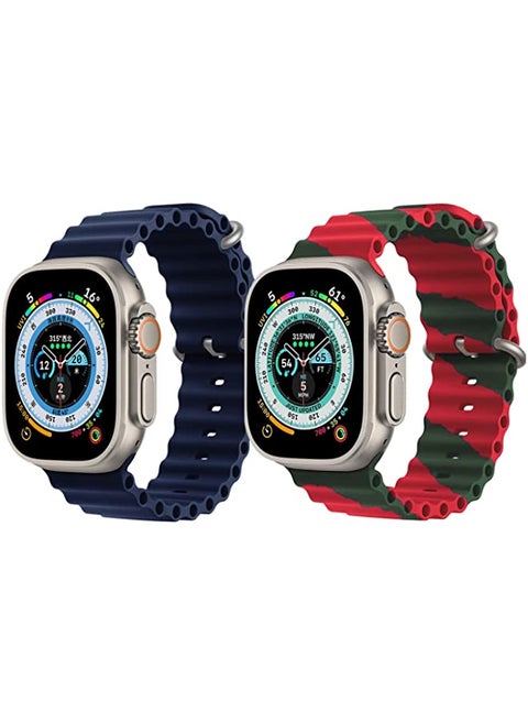 Silicone Ocean Band Strap for Apple Watch Ultra 8 49mm Navy Blue Single Color Strap with Red/Green Double Line Strap Set of 2