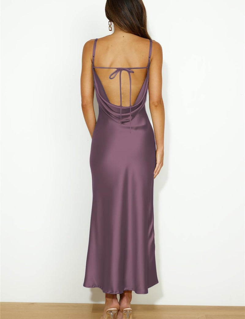 Mogidol Summer Satin Spaghetti Strap Cowl Neck Backless Midi Dresses for Women Elegant Tie Low Back Ruched Cocktail Dress Grape - Image 2