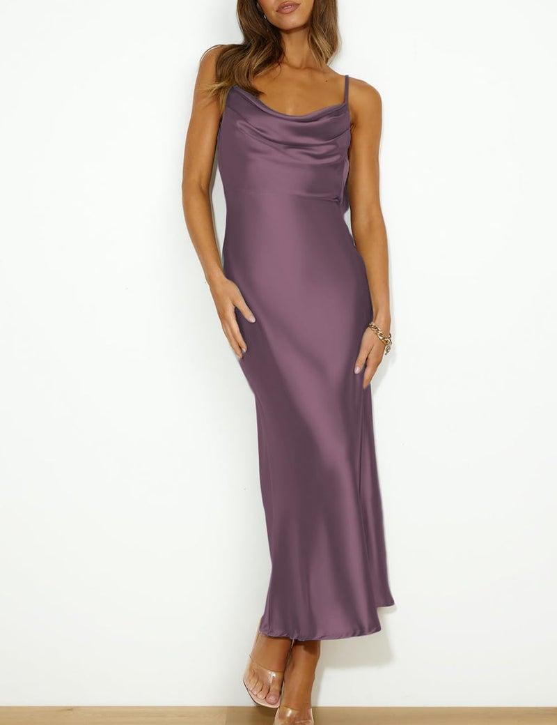Mogidol Summer Satin Spaghetti Strap Cowl Neck Backless Midi Dresses for Women Elegant Tie Low Back Ruched Cocktail Dress Grape - Image 4