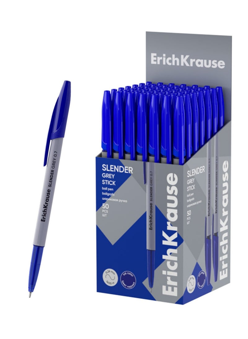 ErichKrause 50-Piece Slender Grey Stick Ballpoint Pen 0.7mm Tip Blue Ink - Image 1