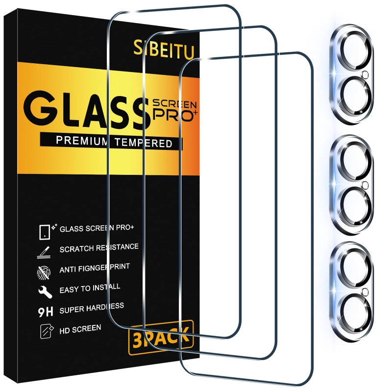 SIBEITU 3 Pack Screen Protector for iPhone 16 with 3 Pack Camera Lens Tempered Glass Protector, 6.1 Inch HD Clear Tempered Glass Film 9H Hardness Full Coverage, Scratch Resistent, No Air Bubbles - Image 1