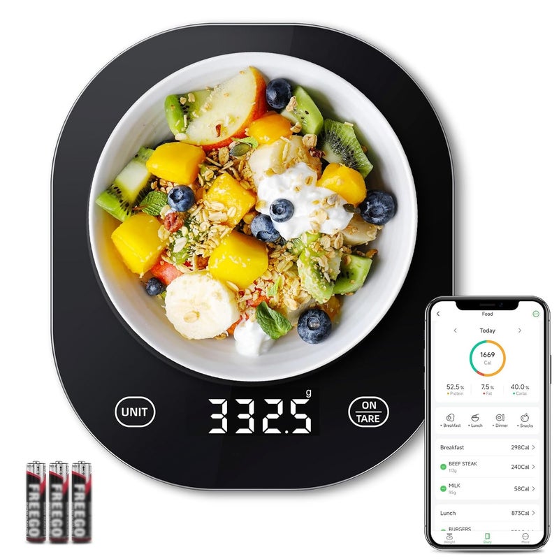 أربوليف ميزان المطبخ الذكي Smart Food Kitchen Scale، ميزان رقمي يزن حتى 22 رطلاً مع حاسبة التغذية، يدعم وزن المكونات الغذائية لأنظمة النظام الغذائي المختلفة مثل الكيتو وحساب السعرات الحرارية والجرامات والأونصات، دقة الوزن: 0.1 أونصة/0.5 جرام، اللون أسود. - Image 1