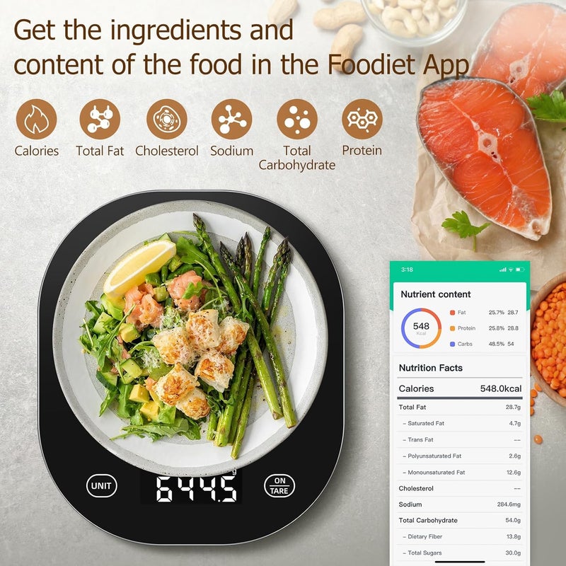 أربوليف ميزان المطبخ الذكي Smart Food Kitchen Scale، ميزان رقمي يزن حتى 22 رطلاً مع حاسبة التغذية، يدعم وزن المكونات الغذائية لأنظمة النظام الغذائي المختلفة مثل الكيتو وحساب السعرات الحرارية والجرامات والأونصات، دقة الوزن: 0.1 أونصة/0.5 جرام، اللون أسود. - Image 5