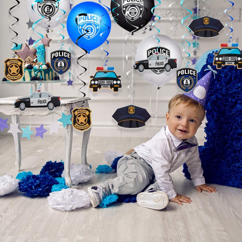 Sumind 32 Pieces Police Birthday Party Decorations Set Police Party Swirls Set Including 20 Latex Balloons 2 Banners 10 Hanging Swirls Decorations - Image 4