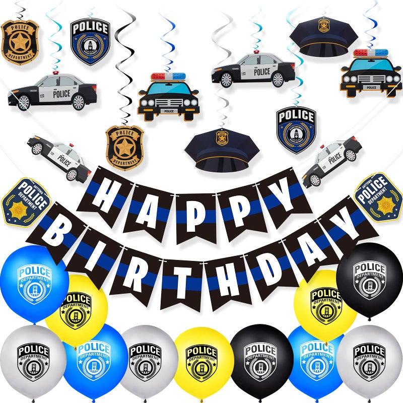 Sumind 32 Pieces Police Birthday Party Decorations Set Police Party Swirls Set Including 20 Latex Balloons 2 Banners 10 Hanging Swirls Decorations - Image 1