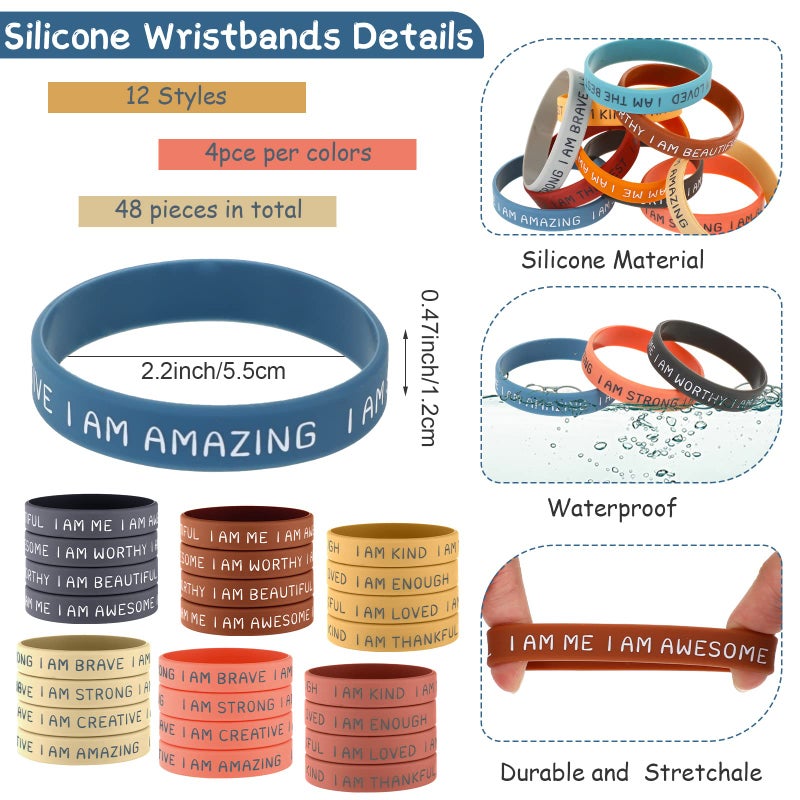 Sratte 48 Pcs Inspirational Silicone Wristbands for Students Kid Christmas Stocking Suffers Motivational Rubber Stretch Unisex Affirmation Bracelets for Back to School Classroom Prizes(Bright Color) - Image 2