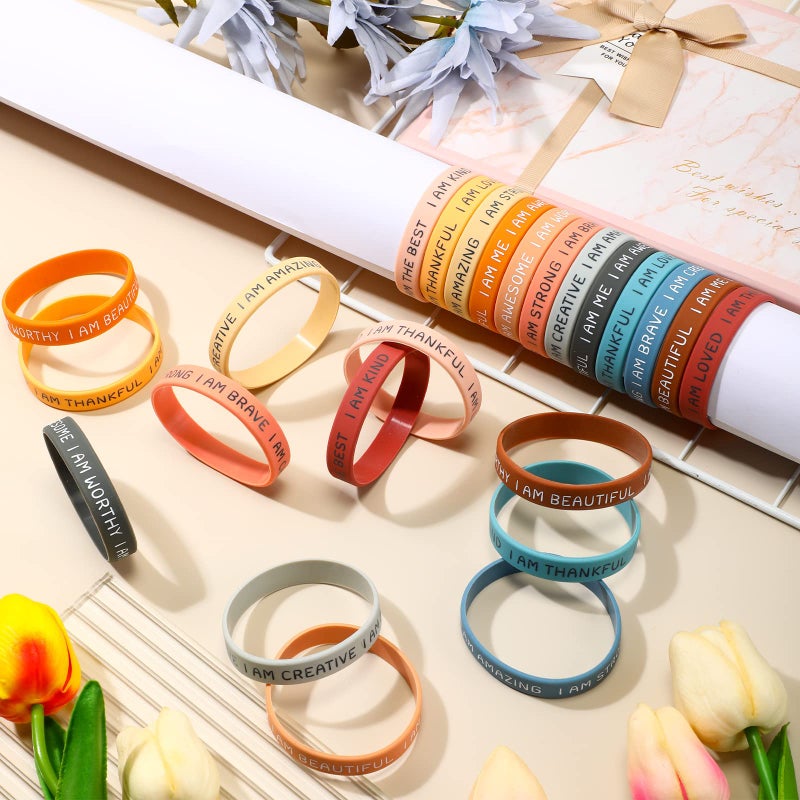 Sratte 48 Pcs Inspirational Silicone Wristbands for Students Kid Christmas Stocking Suffers Motivational Rubber Stretch Unisex Affirmation Bracelets for Back to School Classroom Prizes(Bright Color) - Image 3