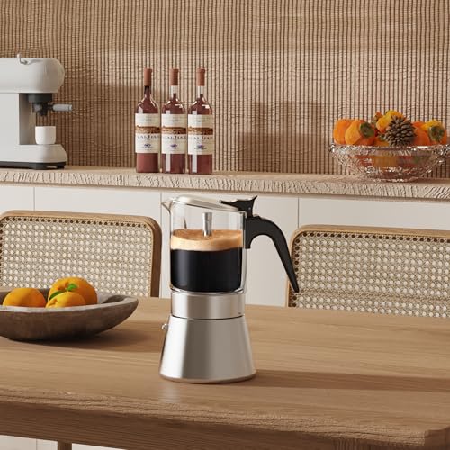 JimysCo SIXAQUAE Induction Moka Pot, Crystal Glass-top & Stainless Steel Stovetop Espresso Maker,Classic Italian coffee maker (160ml) - Image 4