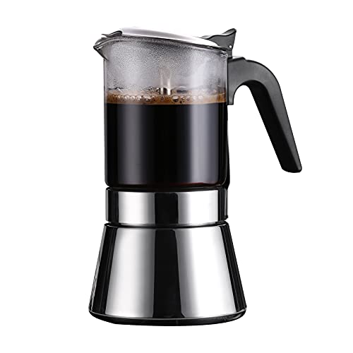 JimysCo SIXAQUAE Induction Moka Pot, Crystal Glass-top & Stainless Steel Stovetop Espresso Maker,Classic Italian coffee maker (160ml) - Image 1