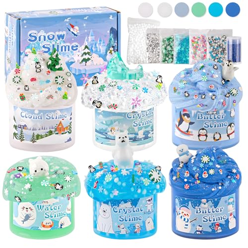 LAWOHO 6 Packs Snow Slime Kit Butter Clear Water Cloud Slimes Fluffy Slime Making Kit for Kids with Cute Charms Addins Blue Kids Slimes Kits for Girls Boys Birthday Christmas Easter Gifts - Image 1