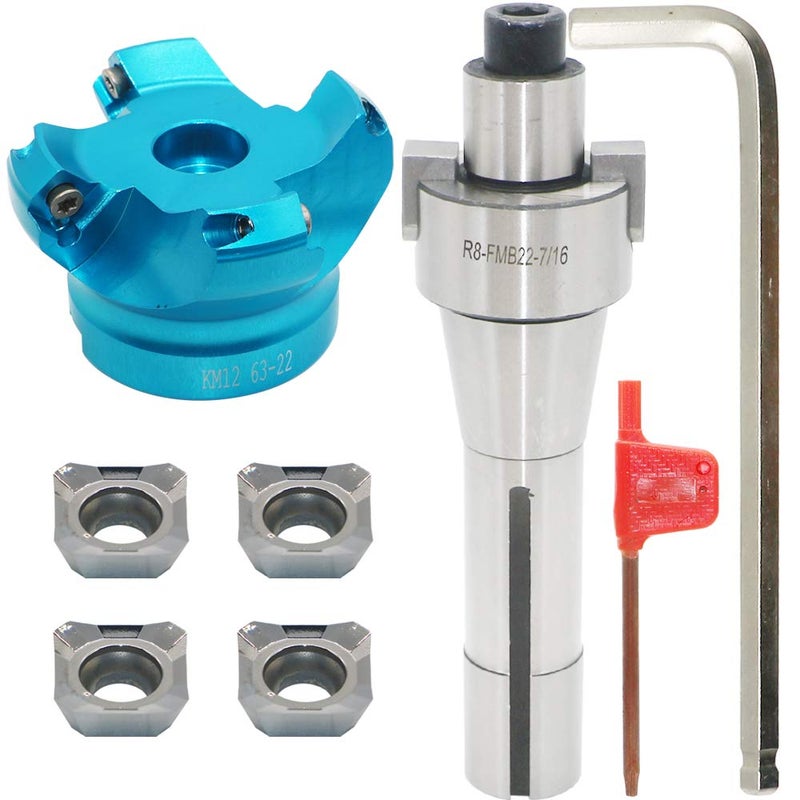 LingGan 2.5 Inch Face Milling Cutter Aluminum KM12 63MM CNC End Milling Cutter Holder + R8-FMB22 Shank Face Shell Mill Arbor + 4pcs SEHT1204 Carbide Inserts + 8mm Hexagon Wrench + T20 Wrench CNC Machine Tools - Image 1