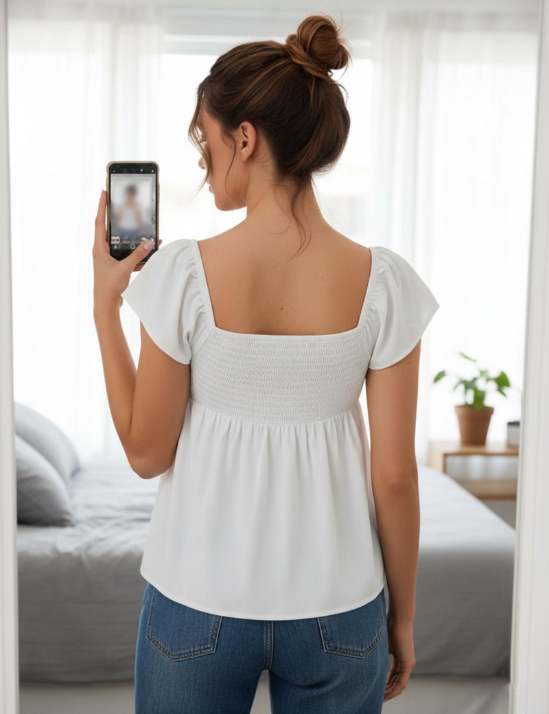 HOCANDY Womens Flowy Peplum Tank Tops Ruffle Sleeve Babydoll Tank Top Sweetheart Neck Smocked Back Short Sleeve Going Out Top White - Image 2
