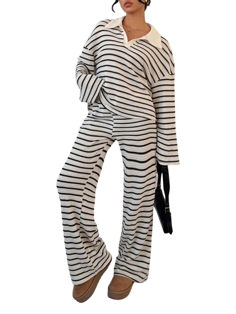 Verdusa Women's 2 Piece Striped Print Lounge Set Going Out Travel Outfit Winter Clothes Comfiest Airport Outfits Black and White Medium - Image 1
