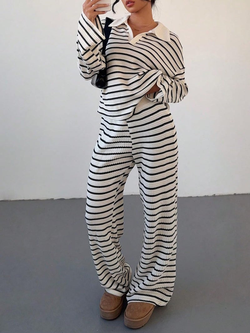 Verdusa Women's 2 Piece Striped Print Lounge Set Going Out Travel Outfit Winter Clothes Comfiest Airport Outfits Black and White Medium - Image 5