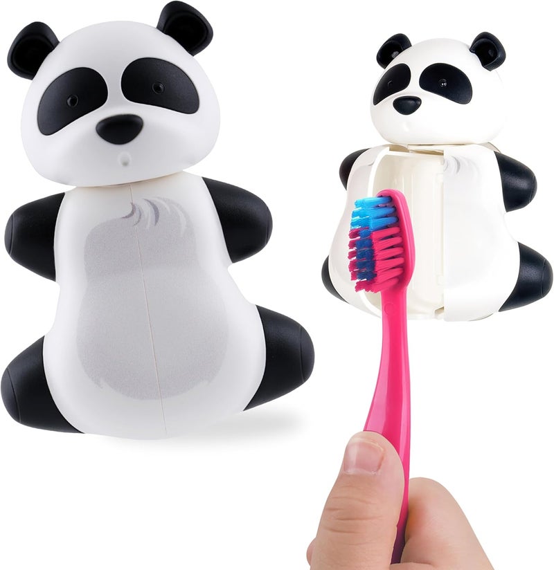 Hygienic Kids Toothbrush Holder with Suction Cups, High Quality & Patented Design, One Touch Open & Close, For Home or Travel, Made in Malaysia, Fun Animal Panda, 3Y+