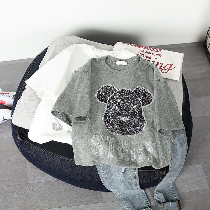 Korean Style Ins Rhinestone Bear Letters Western Style Plus Size Women'S Mid-Length Loose Short Sleeve T-Shirt For Women - Image 3