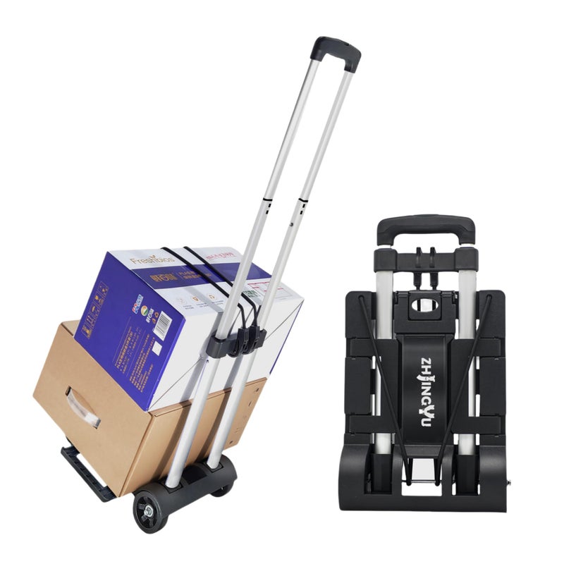 ZHJINGYU Folding Hand Truck Aluminum TrolleySmall Dolly Foldable Roller Shopping Cart Collapsible 2 Wheel Luggage Trolley Dolly Expandable Large Chassis Foldable into Backpack 