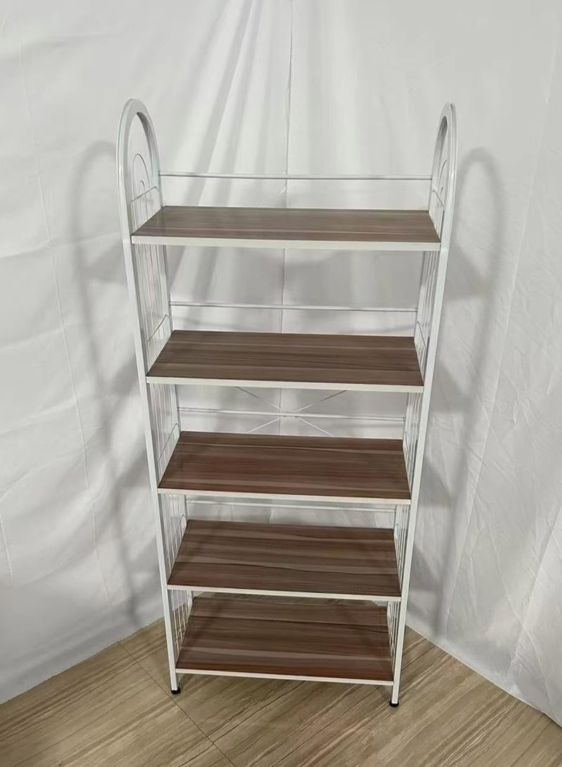 DecorHills 5-Tier Storage Shelf - White Metal Frame with Brown Wooden Shelves (125x60x30cm) - Freestanding Organizer for Kitchen, Bathroom & Living Room - Space-Saving Home Storage Solution - Image 1