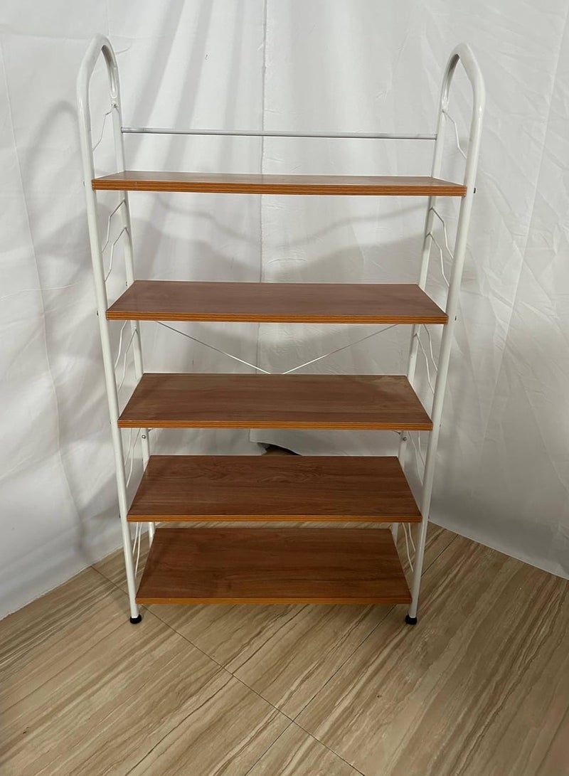 DecorHills 5-Tier Storage Shelf - White Metal Frame with Brown Wooden Shelves (125x60x30cm) - Freestanding Organizer for Kitchen, Bathroom & Living Room - Space-Saving Home Storage Solution - Image 4