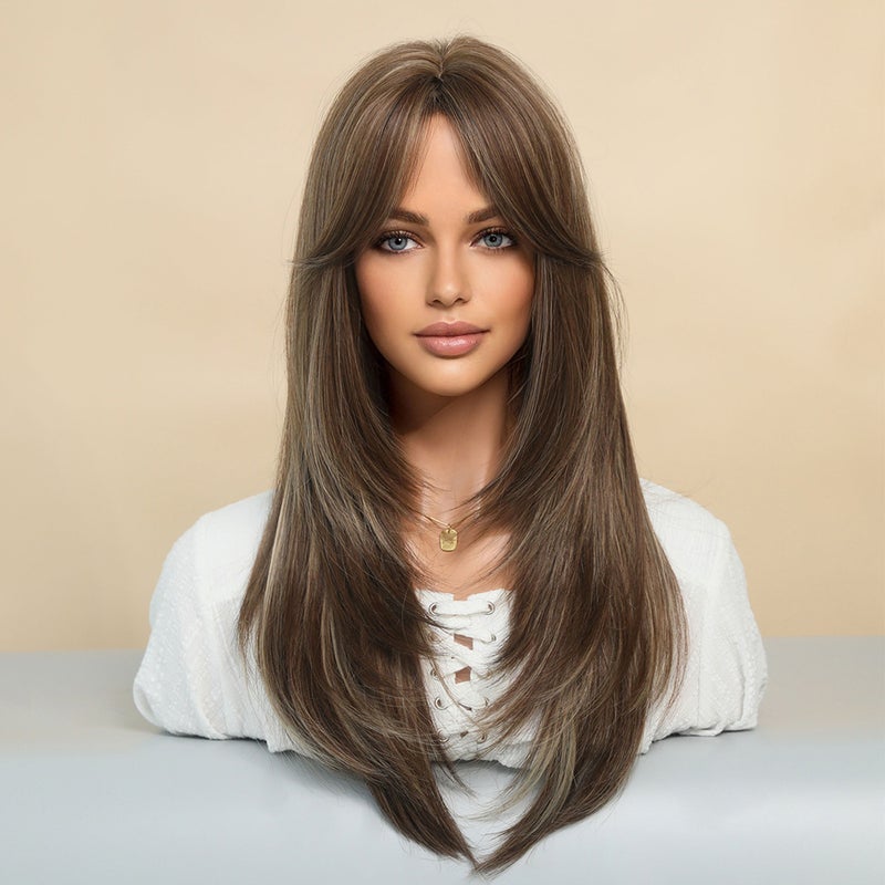 Long  Wig Human Hair with Bangs and Wig Cap Glueless Straight Curly Natural Layered Synthetic Wigs 25 Inch - Image 2