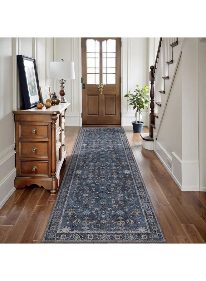 Tangsoo 2.6x8 Runner Rug for Hallway Kitchen, Non Slip Washable Long Rug Runner Boho Vintage Floral Carpet, Distressed Blue Black Soft Low Pile Indoor Runners for Entryway, Laundry, Kids&pets Friendly - Image 1