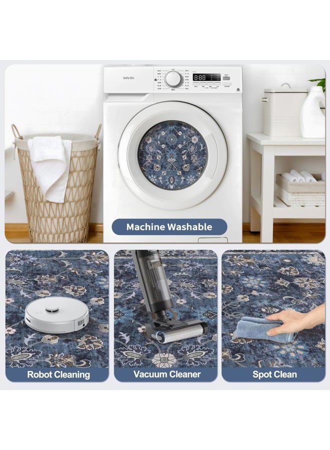 Tangsoo 2.6x8 Runner Rug for Hallway Kitchen, Non Slip Washable Long Rug Runner Boho Vintage Floral Carpet, Distressed Blue Black Soft Low Pile Indoor Runners for Entryway, Laundry, Kids&pets Friendly - Image 4