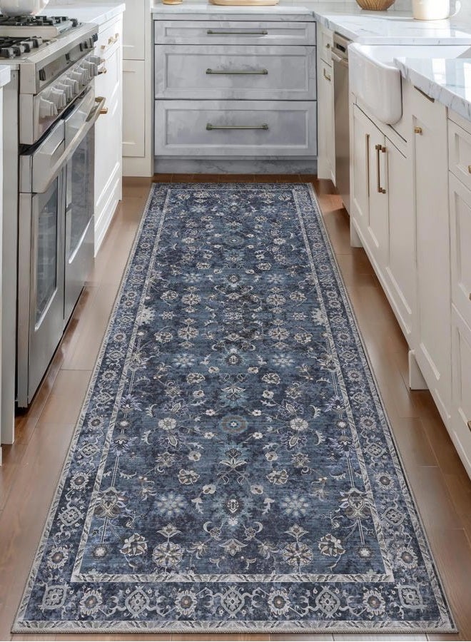 Tangsoo 2.6x8 Runner Rug for Hallway Kitchen, Non Slip Washable Long Rug Runner Boho Vintage Floral Carpet, Distressed Blue Black Soft Low Pile Indoor Runners for Entryway, Laundry, Kids&pets Friendly - Image 2