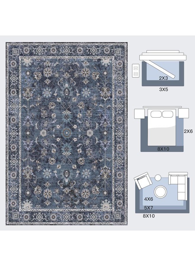 Tangsoo 2.6x8 Runner Rug for Hallway Kitchen, Non Slip Washable Long Rug Runner Boho Vintage Floral Carpet, Distressed Blue Black Soft Low Pile Indoor Runners for Entryway, Laundry, Kids&pets Friendly - Image 3