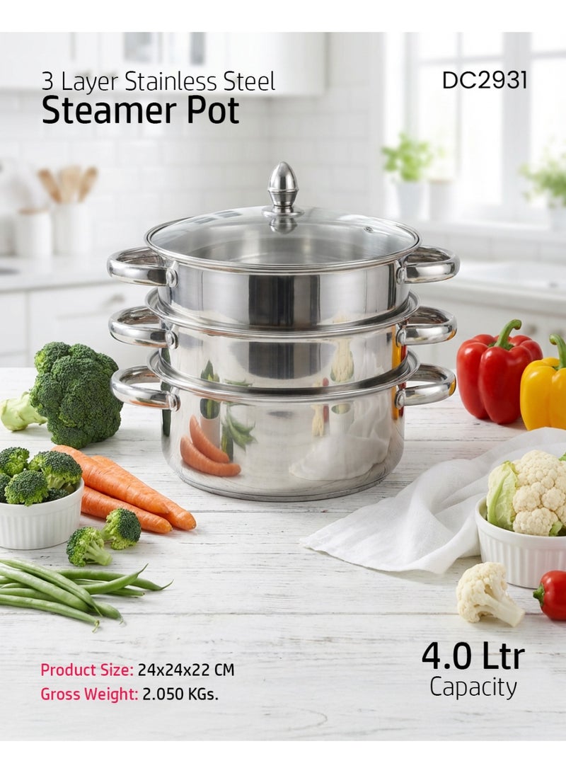 ديلكاسا قدر بخار ديلكاسا بثلاث طبقات من الفولاذ المقاوم للصدأ بغطاء زجاجي مقاس 22 سم 4.0 لتر - Image 1