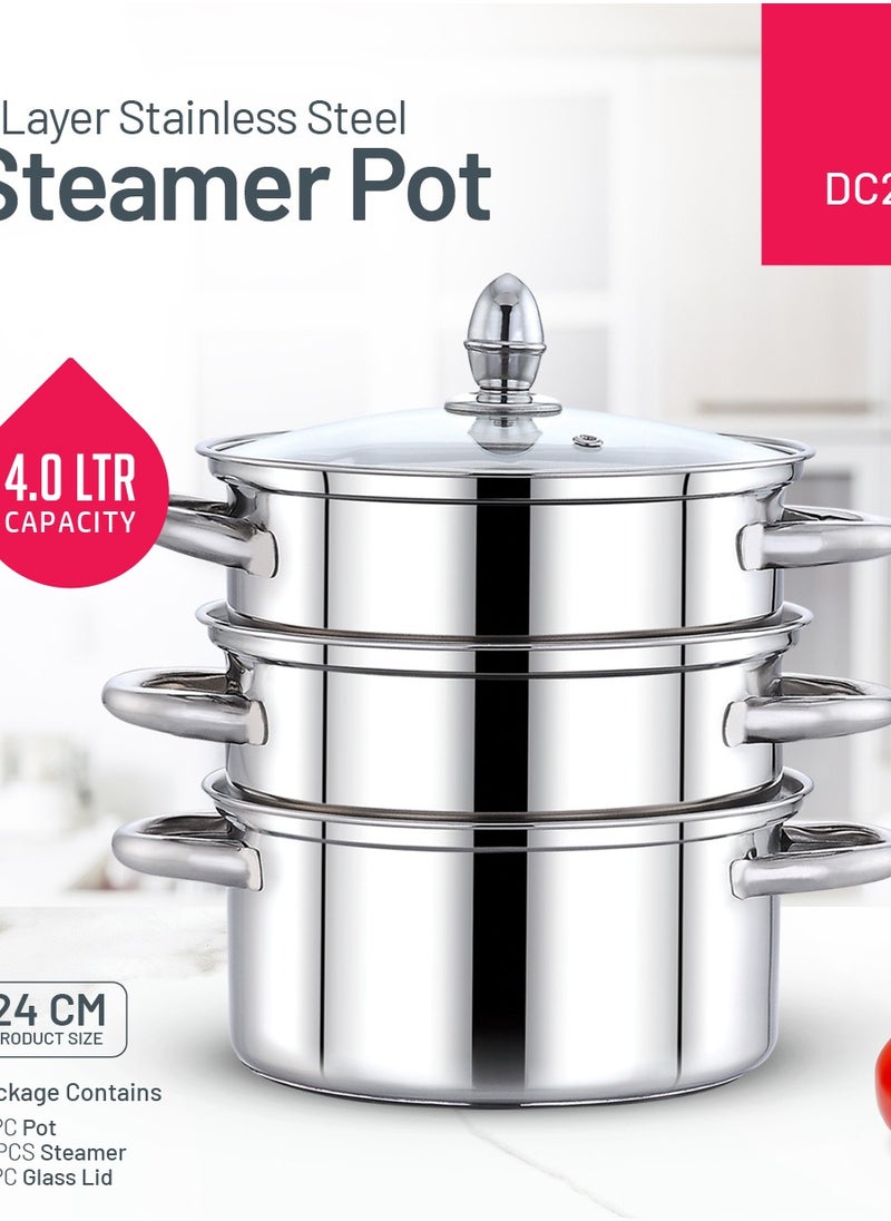DELCASA - Delcasa 3 Layer SS induction Steamer pot with Glass Lid 24CM 4.0L - Image 1