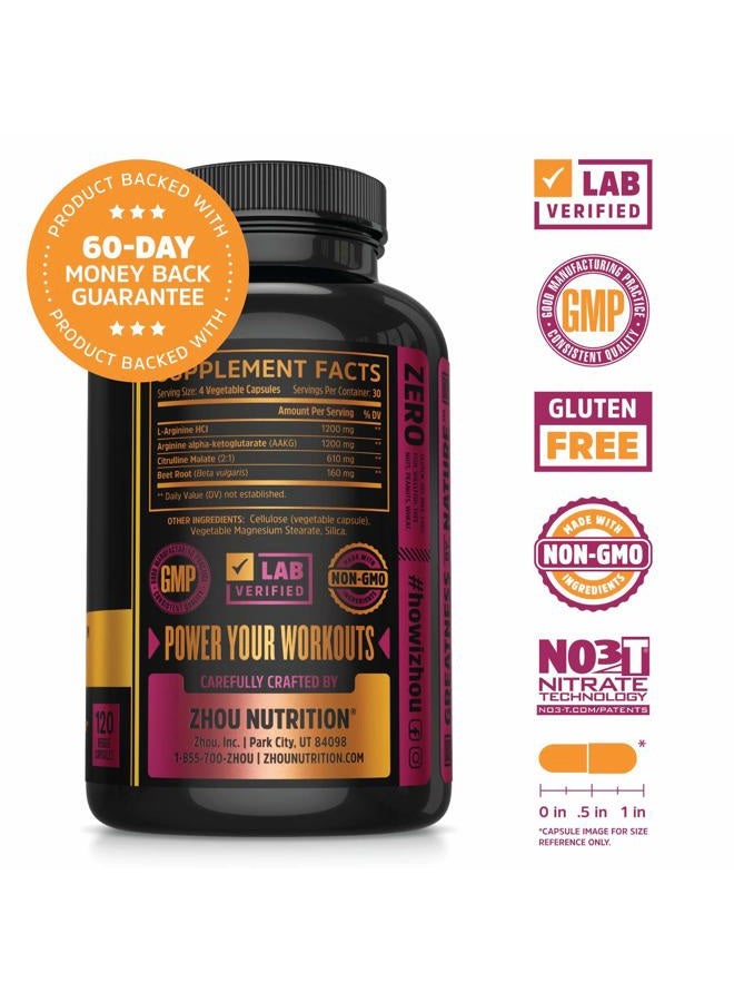 Zhou Zhou Nitric Oxide with L Arginine, Citrulline Malate, AAKG and Beet Root | Powerful N.O. Booster and Muscle Builder for Strength, Blood Flow and Endurance | 30 Servings, 120 Veggie Caps  - Image 2