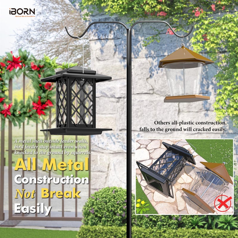 iBorn Bird Feeders for Outdoors, Metal Bird Feeder, Wild Bird Feeders for Cardinal, 2.4LBS Capacity,18cm Large Roof, Lantern Style, Black - Image 4