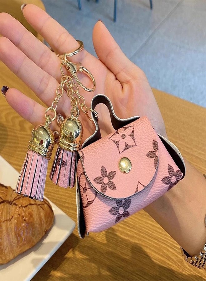 Flenzy Polyurethane Mini Purse Keychain with Floral Print and Tassels, Pack of 1, Pink and Gold - Image 2