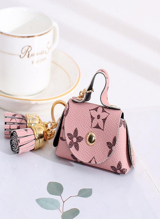 Flenzy Polyurethane Mini Purse Keychain with Floral Print and Tassels, Pack of 1, Pink and Gold - Image 3