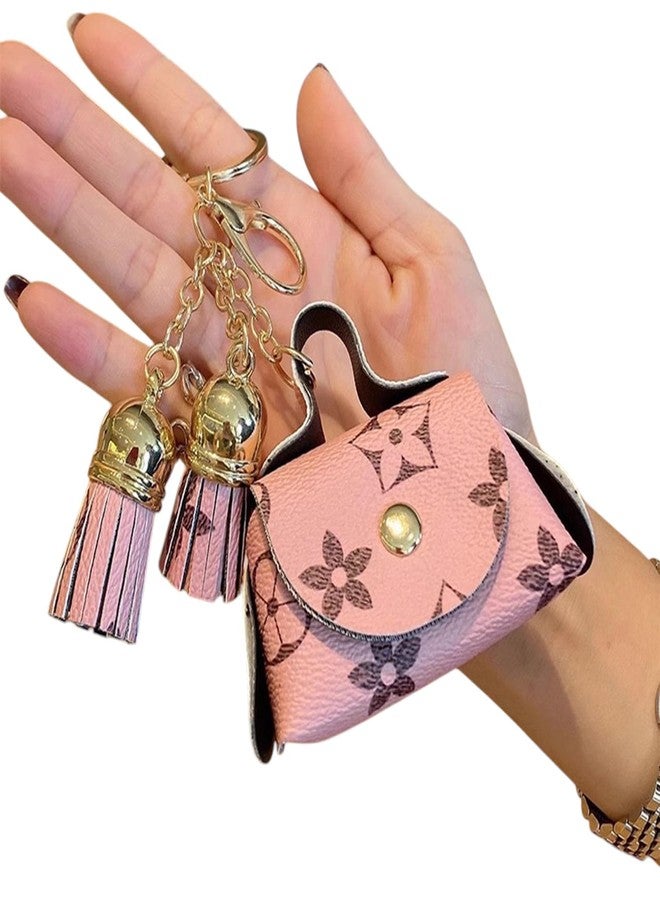 Flenzy Polyurethane Mini Purse Keychain with Floral Print and Tassels, Pack of 1, Pink and Gold - Image 1