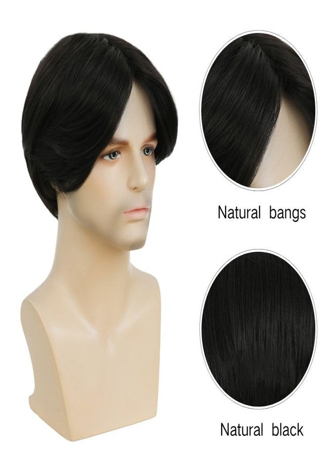 Swiking Mens Black Short Wigs Middle Part Layered Fluffy Natural Synthetic Male Hair Wig Daily Halloween Wig（Black） - Image 4
