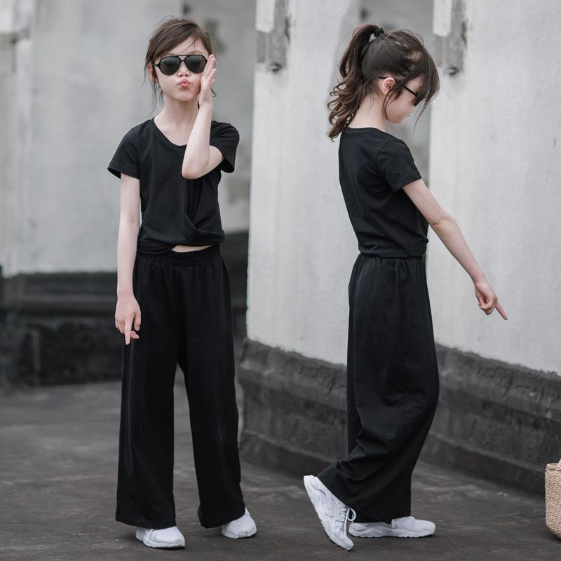 Internet Celebrant Girls 2025 Summer suit Western Style Fashion Simple Style Big Girls Short-sleeved Wide-leg Pants Two-piece Set Trendy Black
