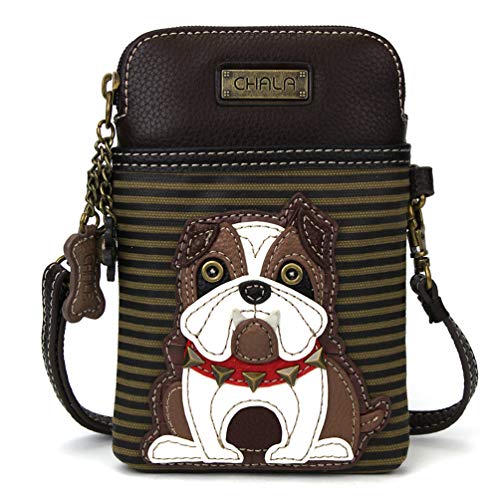 CHALA Dog Collection Cell Phone Crossbody Purse-Women PU Leather/Canvas Multicolor Handbag with Adjustable Strap - Bulldog - olive stripe - Image 1
