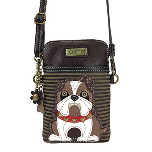 CHALA Dog Collection Cell Phone Crossbody Purse-Women PU Leather/Canvas Multicolor Handbag with Adjustable Strap - Bulldog - olive stripe - Image 3
