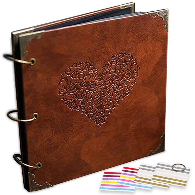 ADVcer Photo Album or DIY Scrapbook (10x10 inch 50 Pages Double Sided), Vintage Leather Cover Three-Ring Binder Picture Booth Albums with 9 Colors 408pcs Self Adhesive Photos Corners for Memory Keep - Image 1