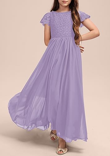 HOSIKA Girls Vintage Floral Lace Chiffon Pleated Maxi First Communion Family Party Dress for Kids 6-12 Years Light Purple - Image 2