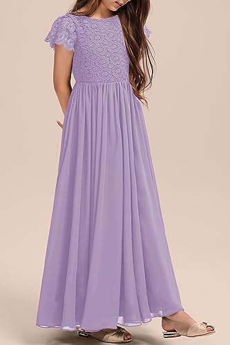 HOSIKA Girls Vintage Floral Lace Chiffon Pleated Maxi First Communion Family Party Dress for Kids 6-12 Years Light Purple - Image 4