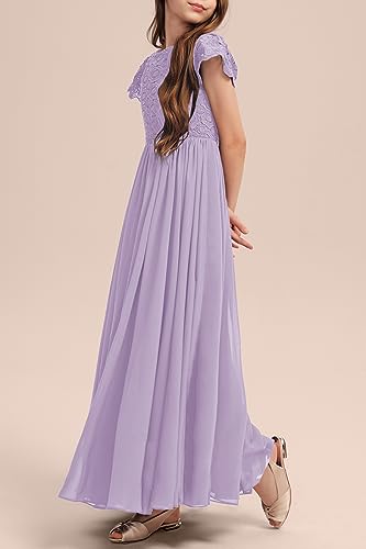 HOSIKA Girls Vintage Floral Lace Chiffon Pleated Maxi First Communion Family Party Dress for Kids 6-12 Years Light Purple - Image 3