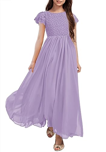 HOSIKA Girls Vintage Floral Lace Chiffon Pleated Maxi First Communion Family Party Dress for Kids 6-12 Years Light Purple - Image 1