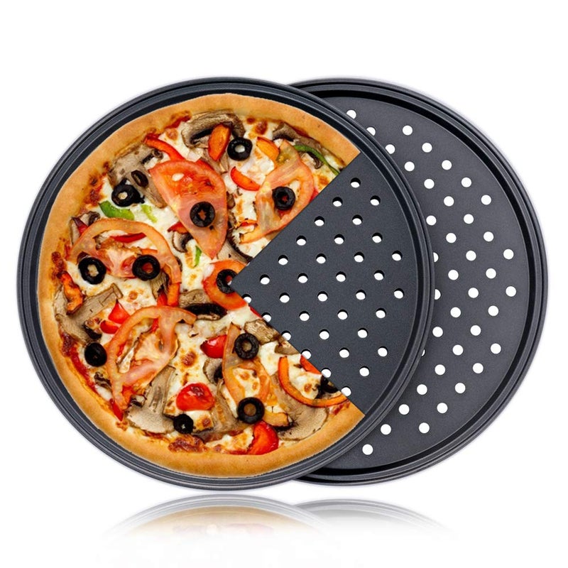 Destinymd Pizza Pan With Holes, 2 Pack Carbon Steel Perforated Non-Stick Tray Tool Crispy 12inch Round for Home Kitchen - Image 1