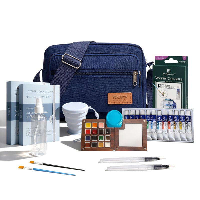 YCKJDYR Mini Watercolor Travel Set 12 Colors Portable Outdoor Art Kit with Walnut Wood 15Panel Palette Crossbody Bag Watercolor Journal Metal Clip Water Cup Brush Ideal for Artists Beginners - Image 2
